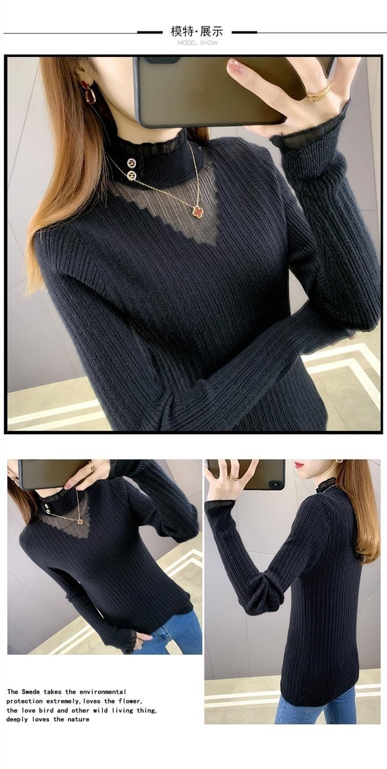 A new, stylish long-sleeved sweater for women in autumn and winter, with a fitted lace knitted top and base layer pic 7