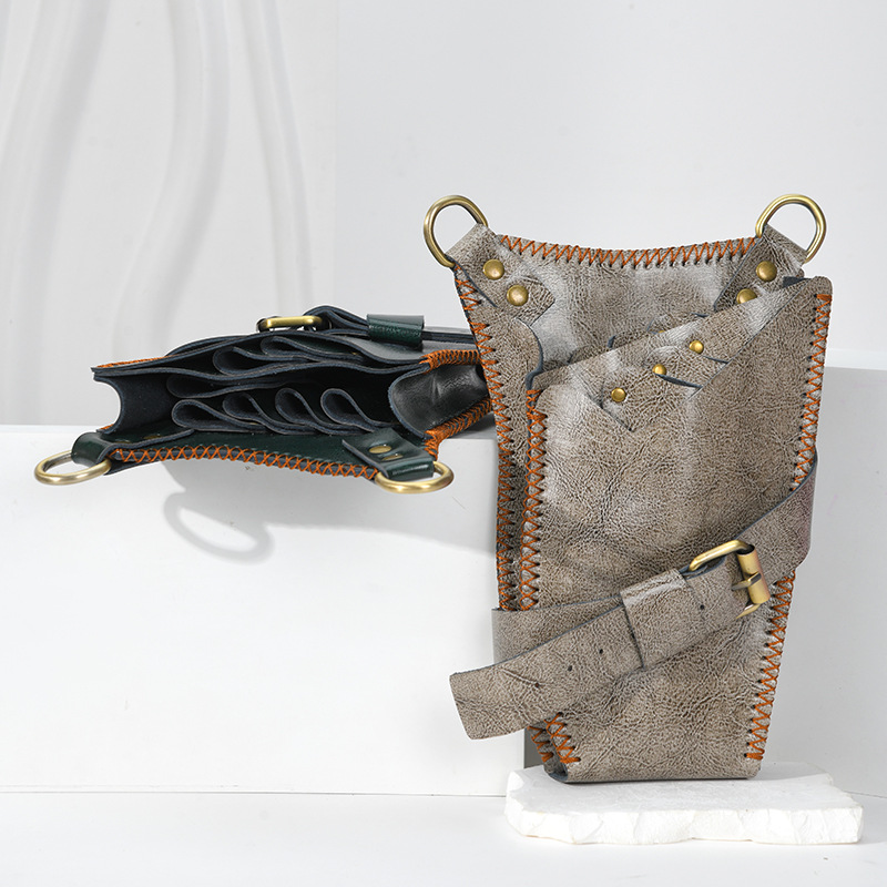 发廊美发工具包牛皮剪刀腰包挎包黑色绿色灰色时尚美发剪刀收纳包详情6