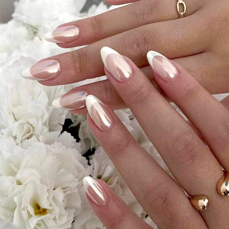 Simple and pure Aurora French nail art, sweet and gentle, round head almond nail, European and American export style wearable nail plates pic 20