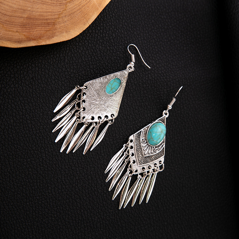 欧美波西米亚蓝松石民族风耳钉 仿苗银金属耳坠复古流苏耳饰批发详情18