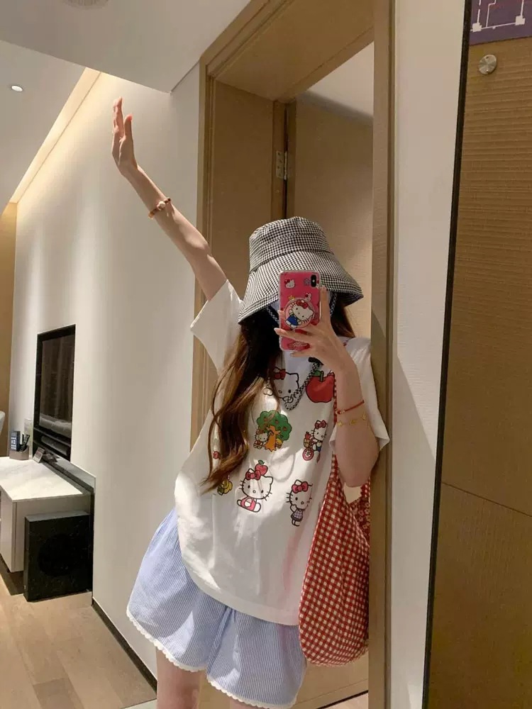 美式蓝色条纹休闲短裤女夏季高腰抽绳透气速干甜辣运动阔腿沙滩裤详情2