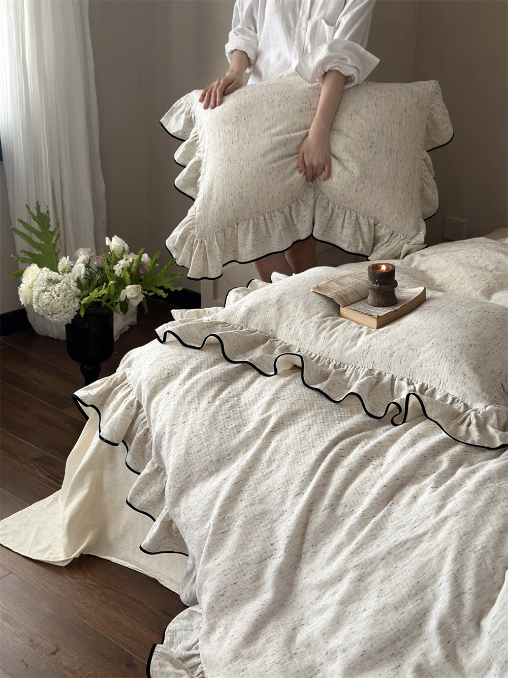 French-style high-grade dyed all-cotton double-layer yarn four-piece set, pure cotton black fringed lace duvet cover, princess-style naked sleeping bed sheet pic 10