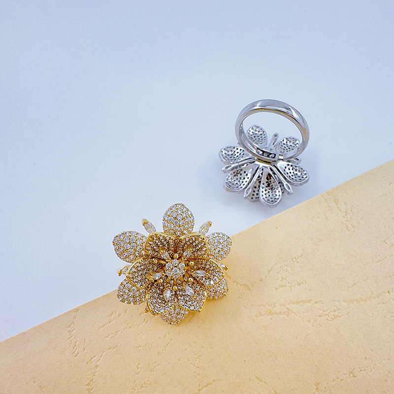 Bergamota cross border split color flor full diamond anillo mujer francés ins viento frío anillo DIY holder vacío handwear pic 13