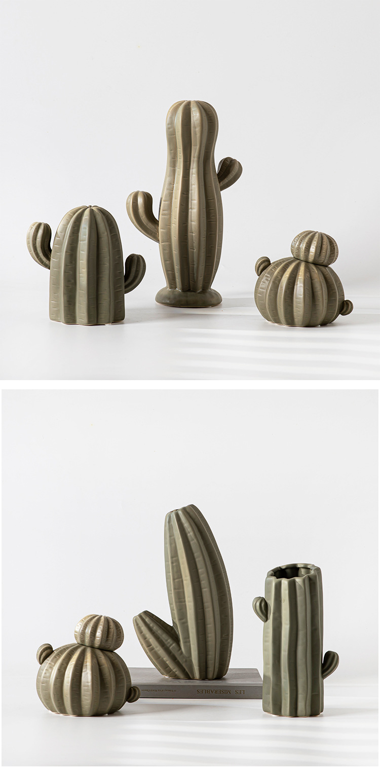 2026 Nordic-style green cactus ceramic decorative item for home living room TV cabinet, creative ceramic vase pic 3