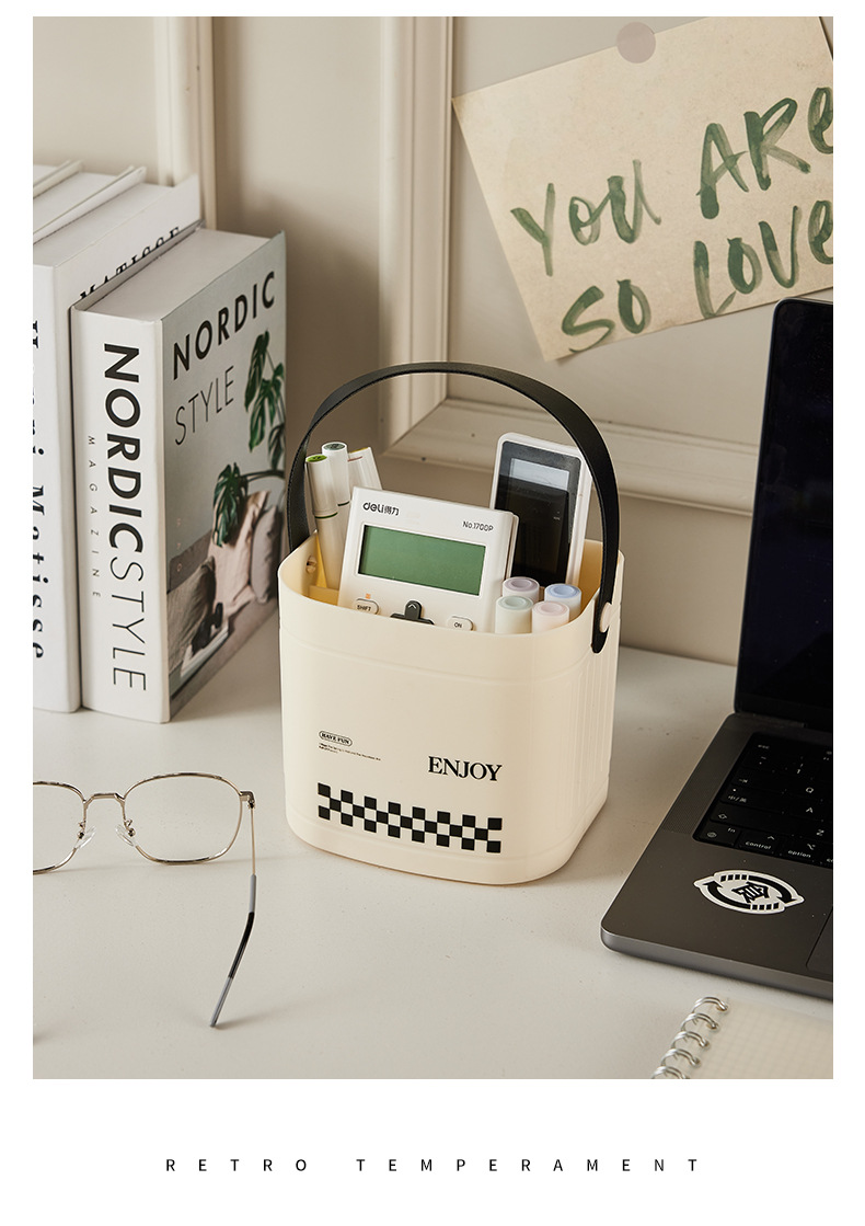 奶油风手提收纳桶办公室桌面杂物收纳盒家用化妆刷遥控器置物架详情6