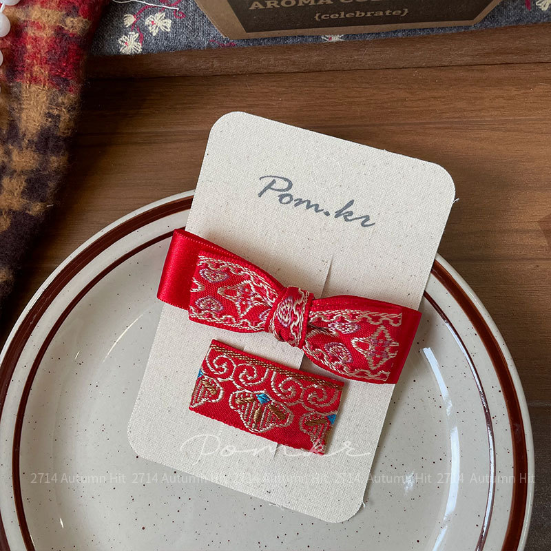 新款韩版红色系甜美蝴蝶结新年款发夹儿童布艺手工侧边碎发刘海夹pom.kr国潮醒狮龙纹红金发夹流苏珍珠装饰喜庆中式少女发饰详情7