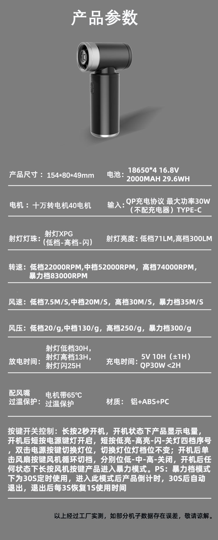 跨境新款手持无线高速吹风机涡力小风扇大风力无极调速充电款详情8