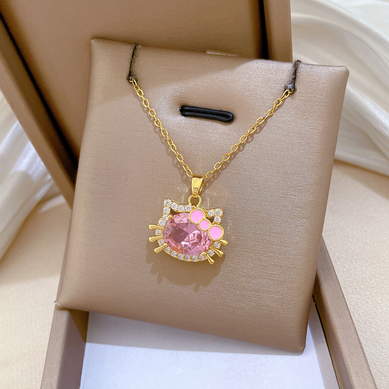 【钛钢】粉色猫咪蝴蝶结轻奢气质华丽满钻项链女百搭锁骨钛钢链详情8