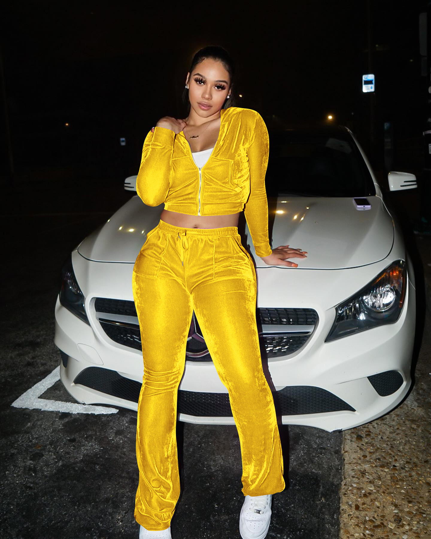 Solid color gold velvet wide-leg pants two-piece set pic 74