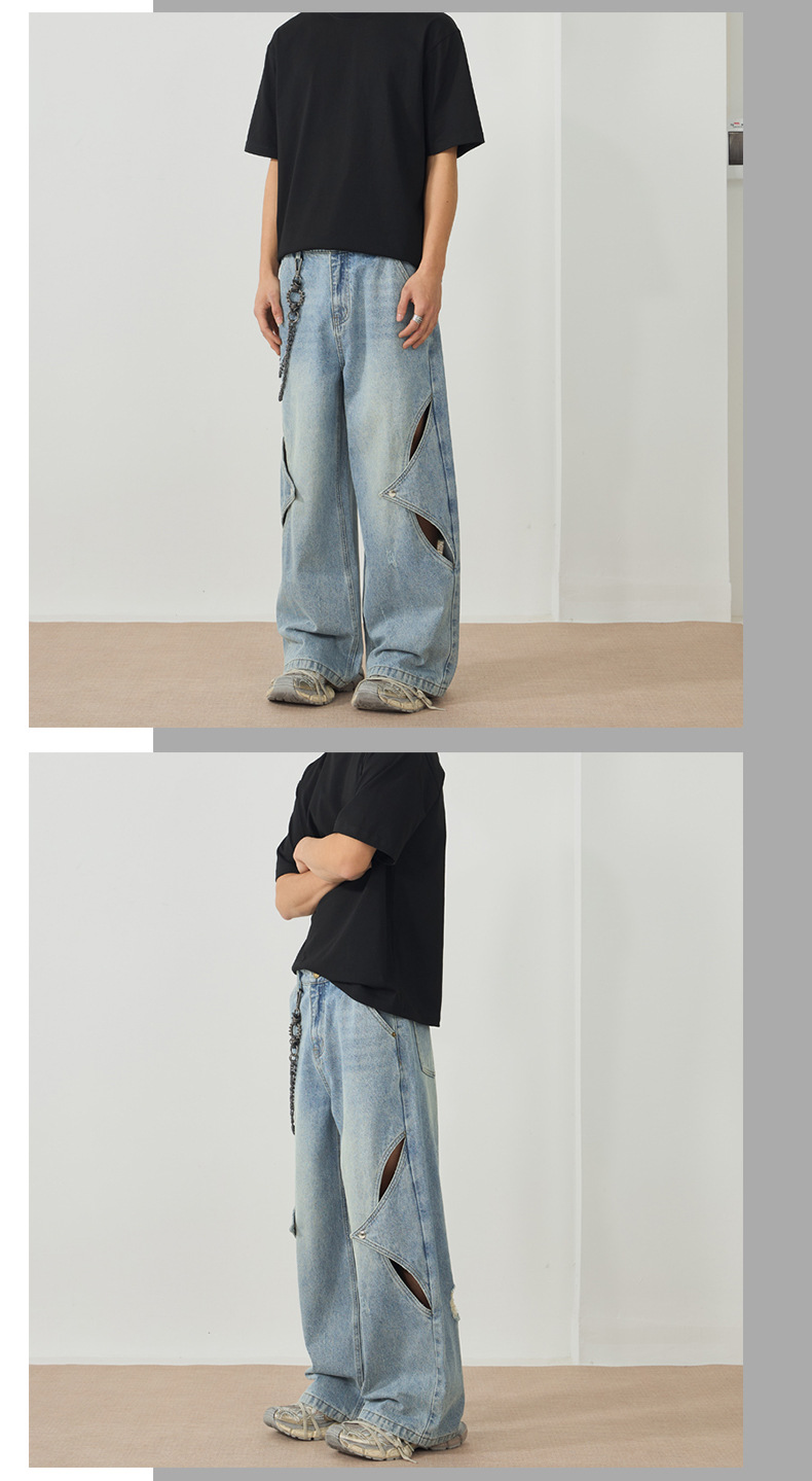 LKTM男装#春夏新款镂空破洞牛仔裤男女设计感宽松阔腿直筒长裤子详情12