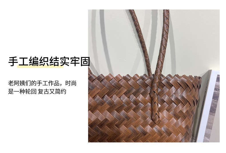 仿藤片草编包百搭菜篮子包长肩带手编织包藤编手提包单肩背包女包详情9