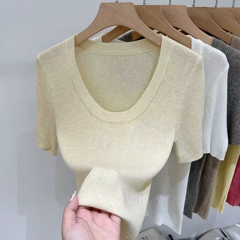 In 2025, a Korean-style U-neck off-the-shoulder knitted short-sleeved sweater for women, a thin solid color versatile spring short top for women pic 7