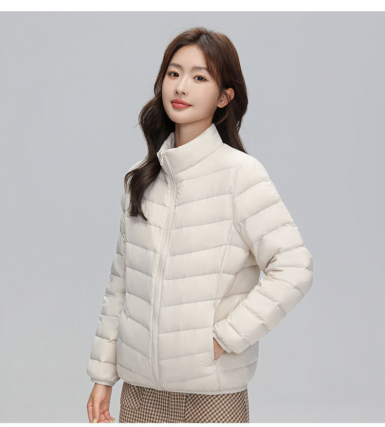 A light and thin down jacket for women in the autumn and winter of 2025, a short 90mm white duck down winter stand-up collar, a slimming casual coat trend pic 18