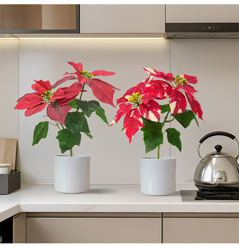 Cross-border new faux Christmas flower potted plants, golden desktop ornaments, home decoration 3D printed poinsettias faux flowers pic 3
