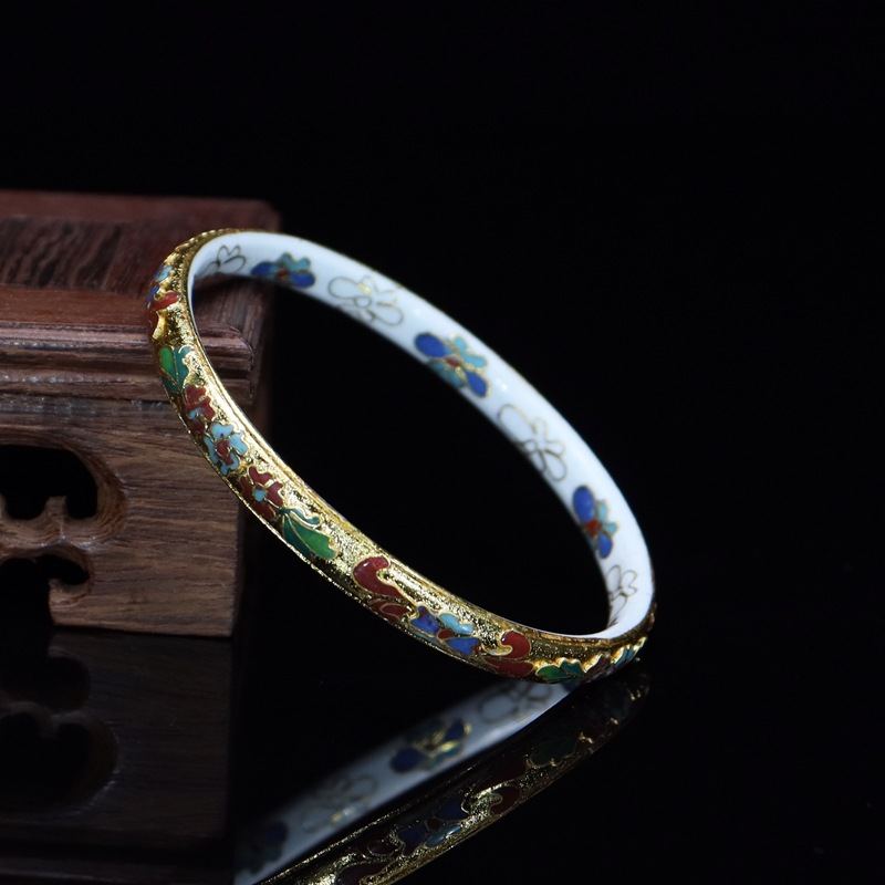 Beijing Cloisonne vintage collectibles, classical ethnic style copper body cloisonne enamel jewelry No. 7 flat gold base bracelet pic 4