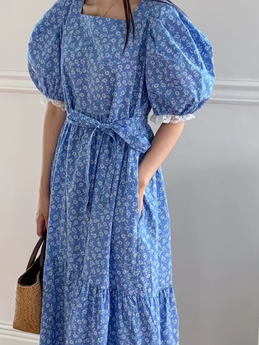 韩国东大门2023夏季新款时尚碎花蕾丝拼接圆领长款休闲连衣裙女详情2