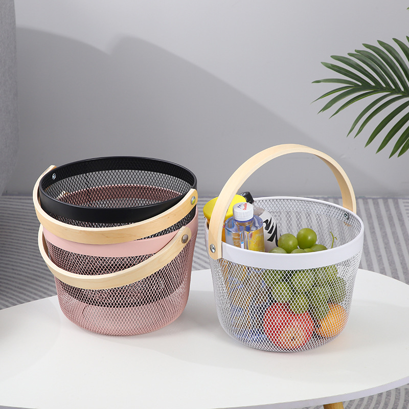 Factory direct supply storage baskets, iron art souvenir baskets, hollowed-out wooden handle fruit baskets, draining baskets and vegetable baskets pic 4