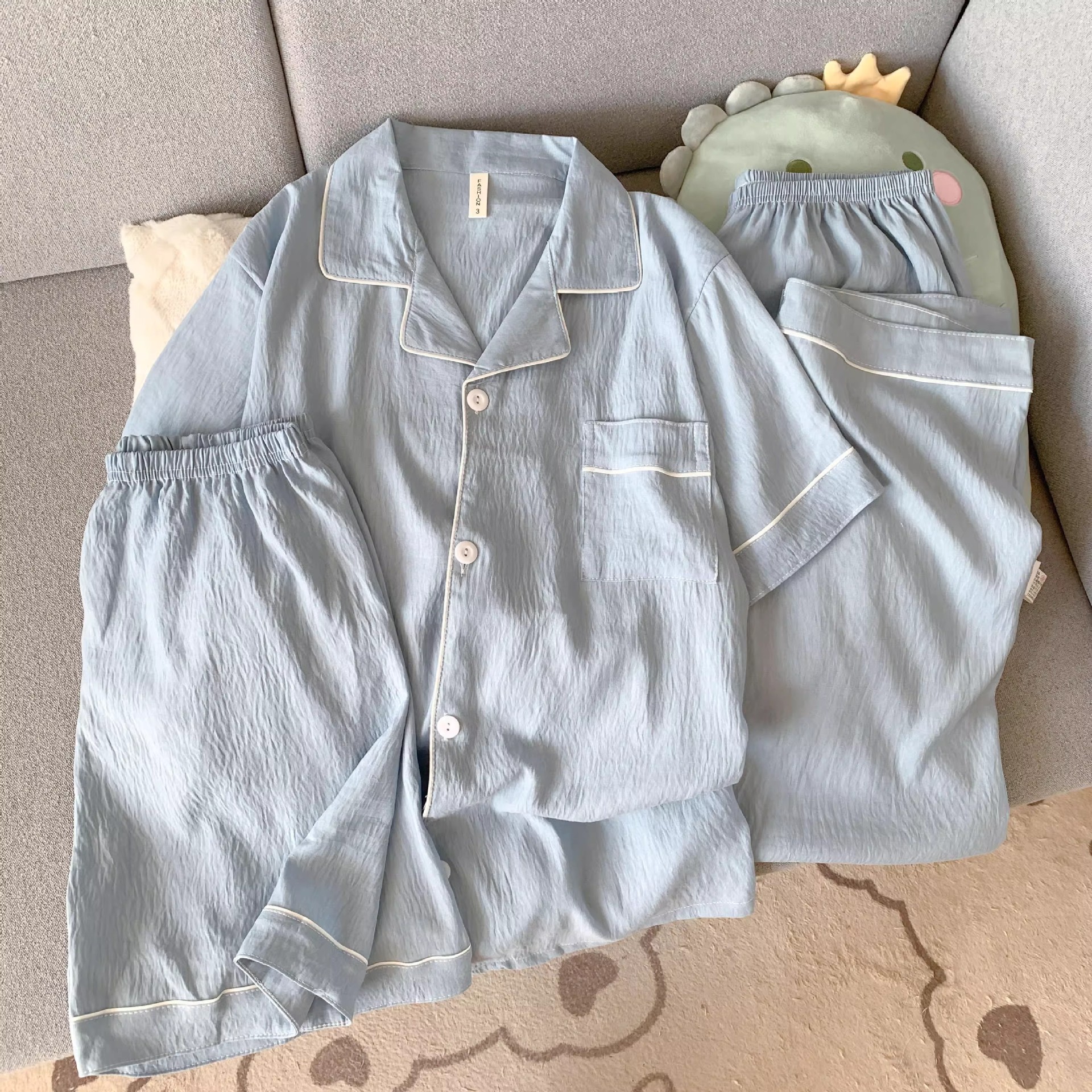 云朵纯棉纱男士睡衣夏季短袖简约纯色高级感可外穿家居服三件套装详情9