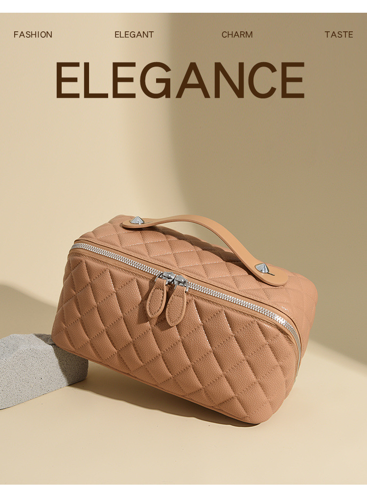 亚马逊跨境高品质pu化妆包菱格绗缝枕头包手提洗漱化妆品收纳包详情2