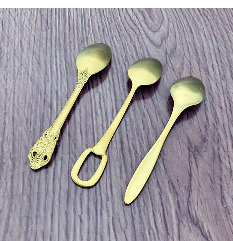 不锈钢金色浮雕茶勺西餐镀金茶勺吊环砂光西瓜勺尖柄茶匙详情6