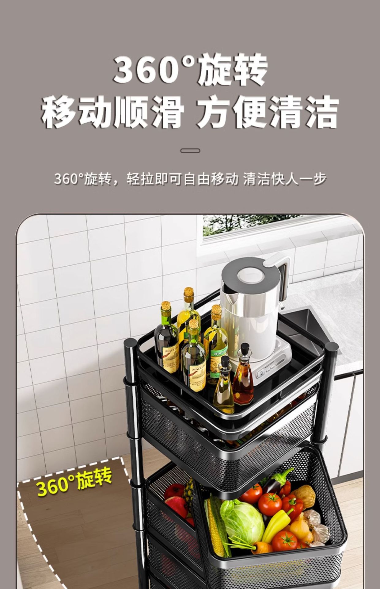 厨房旋转置物架落地多层家用客厅零食收纳架果蔬多功能小推车架子详情5