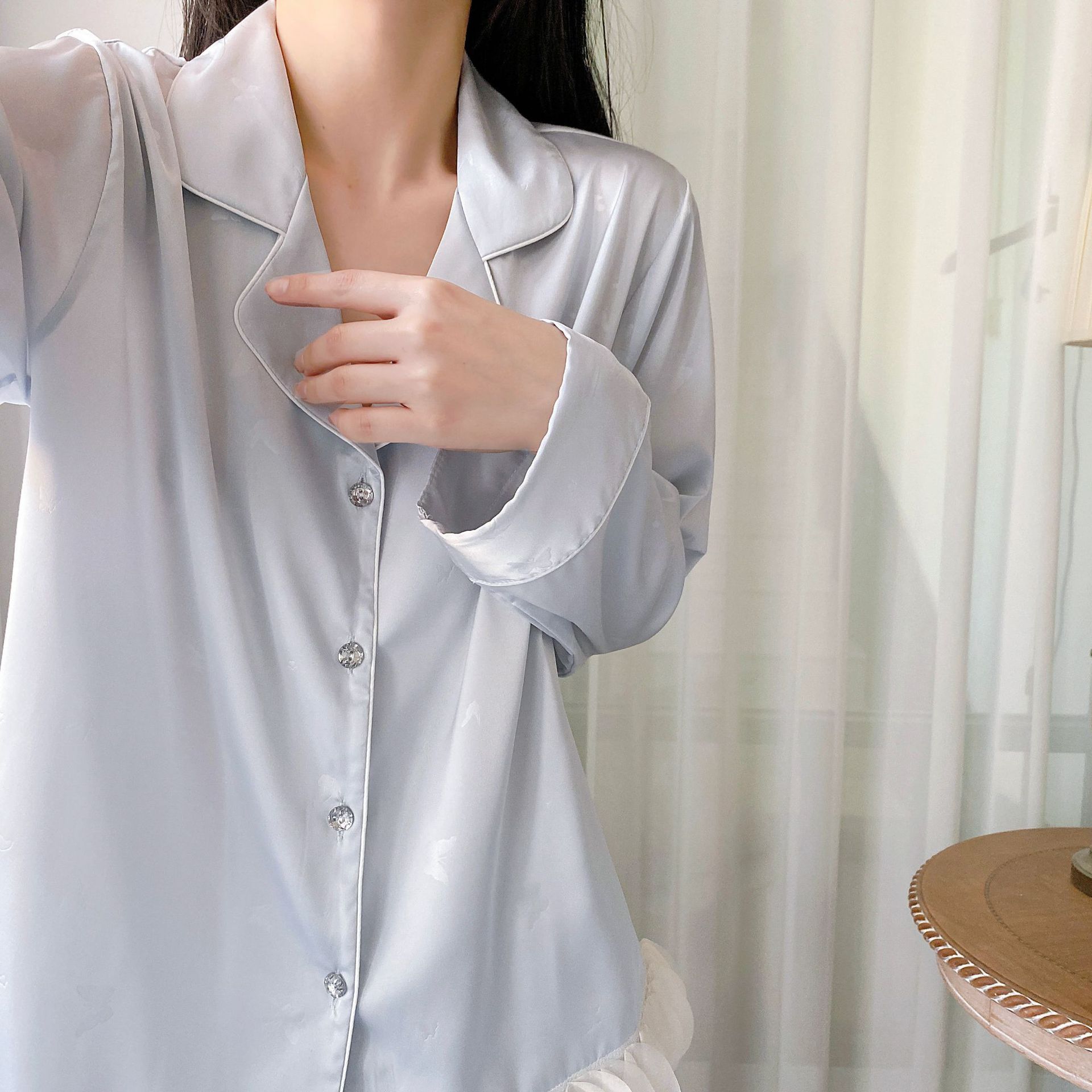 Ice silk pajamas for women Spring and autumn long-sleeved two-piece set, high-end French butterfly print with chiffon lace home wear pic 1