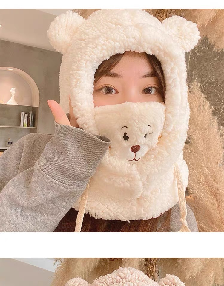 小熊帽口罩帽子围巾一体冬天女冬天骑车防寒保暖帽子女秋冬时尚帽详情4