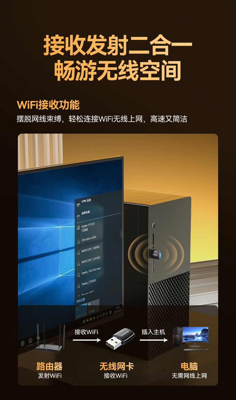 山泽USB无线网卡免驱台式电脑笔记本WiFi接收器300M600M 2.4G网卡详情11