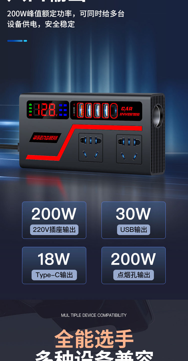 车载逆变器12v转110V24v转220V汽车货车点烟器转换器车用充电插排详情4