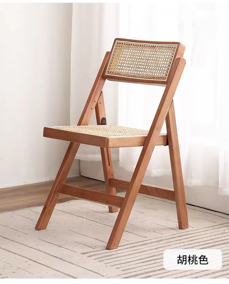 中古侘寂风藤编椅子家用折叠椅实木凳子靠背餐椅北欧风休闲办公椅详情7