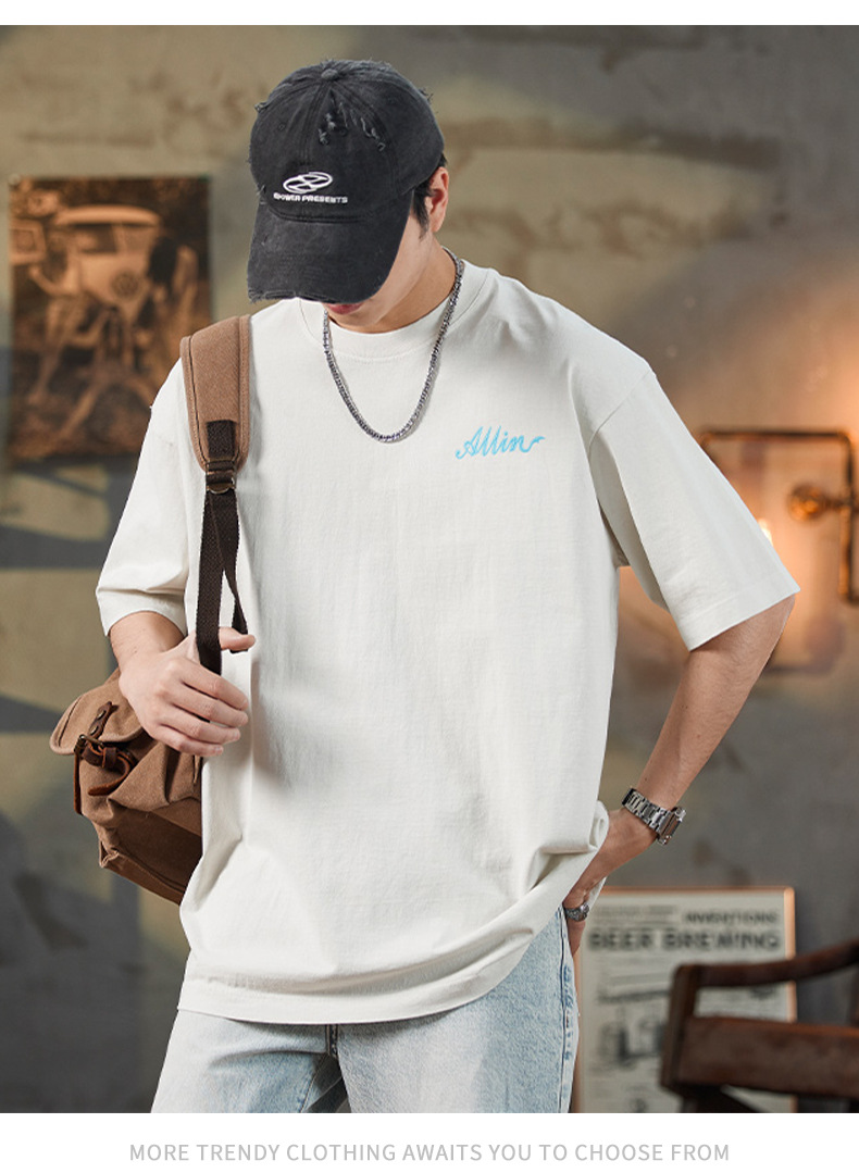 ALLIN pure cotton heavy-duty short-sleeved T-shirt for men, a summer trendy brand with three-dimensional printed letters and loose round-neck couple tops pic 23