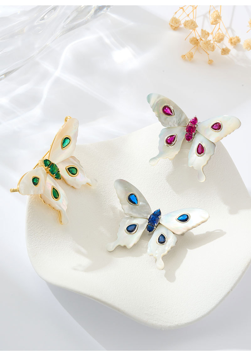 A light luxury and high-end natural mother-of-pearl butterfly brooch, an original design of copper alloy with zirconium emerald blue spinel pic 15