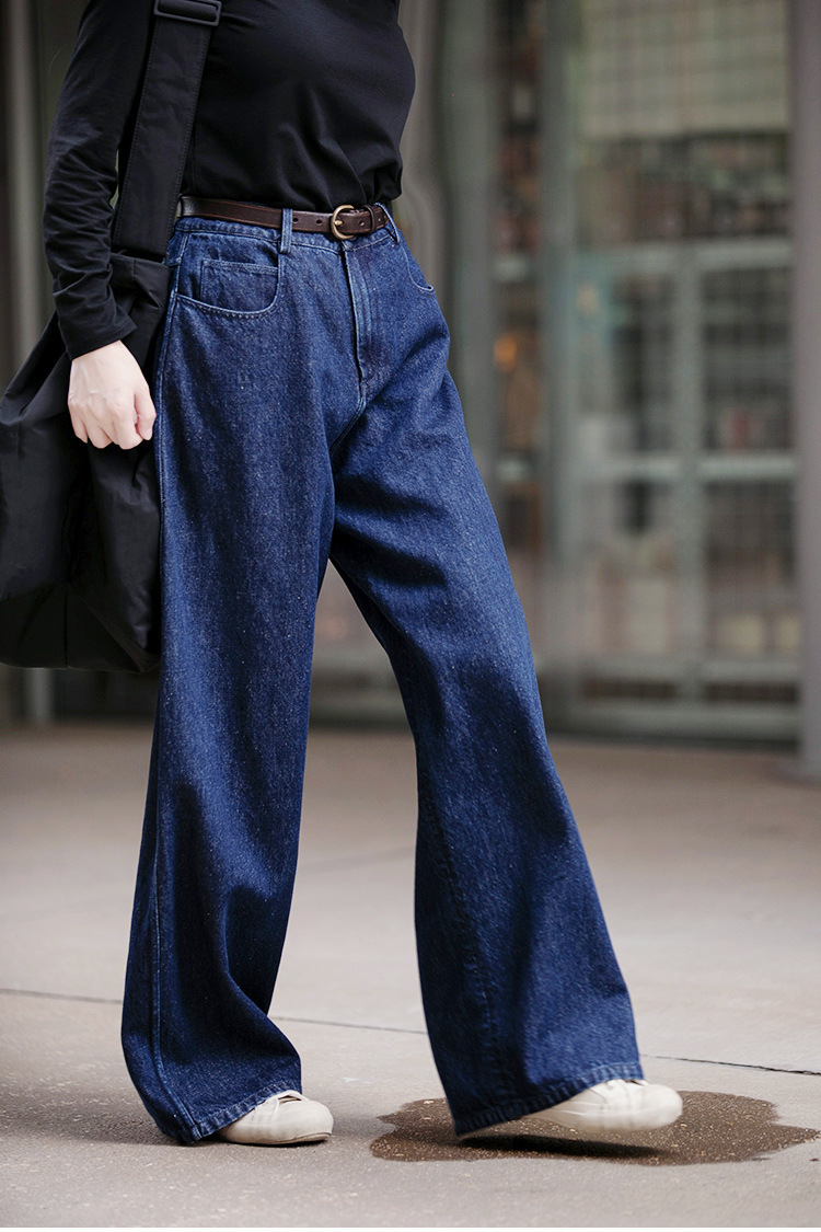A niche all-season deep indigo blue mid-waisted loose and versatile wide-leg jeans pic 27