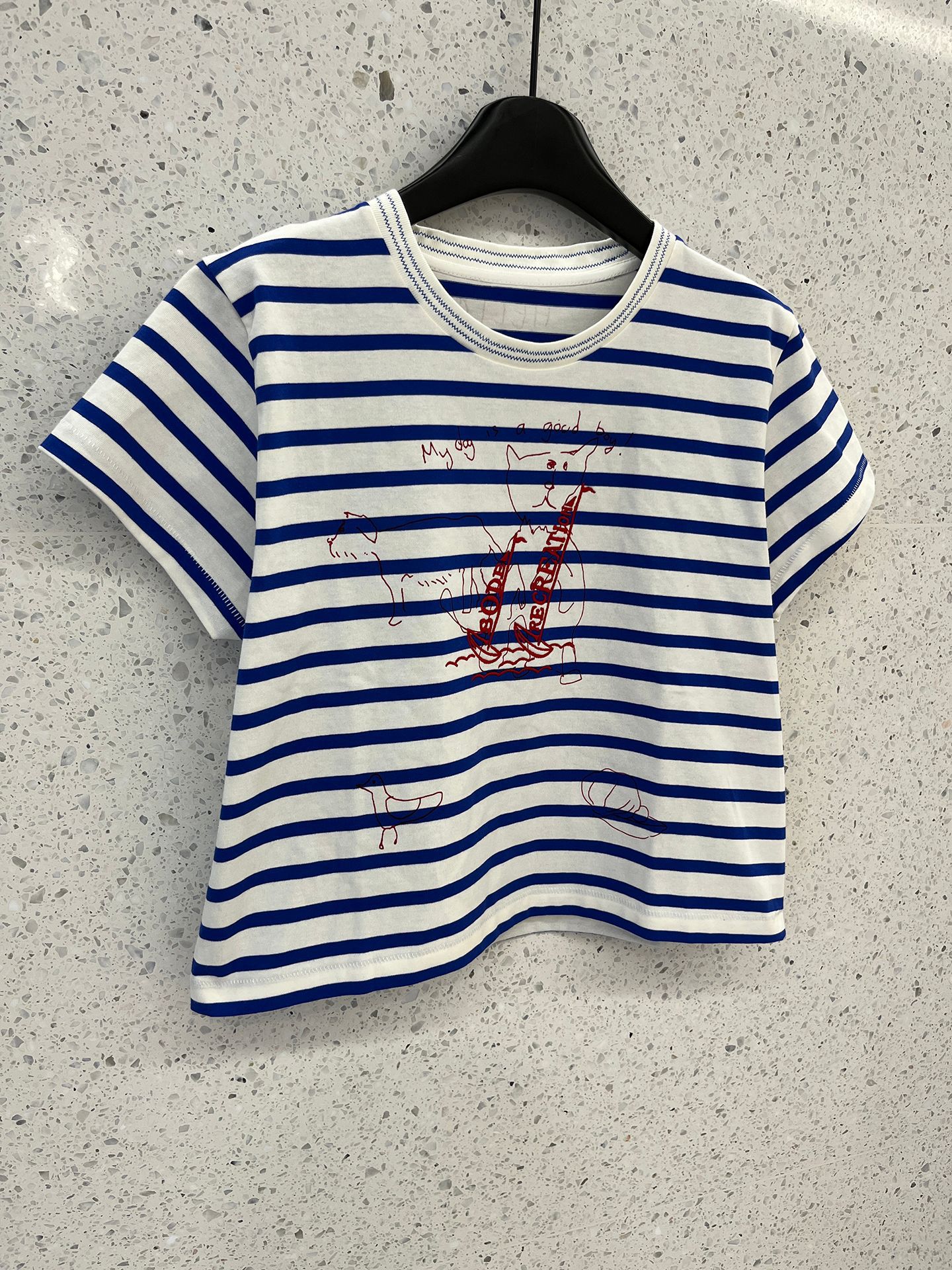 A short striped short-sleeved T-shirt with hand-painted dog letter prints for girls pic 8