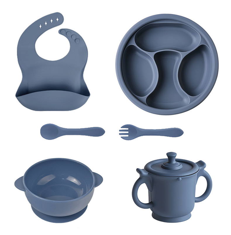 宝宝硅胶餐具分格餐盘围兜叉勺辅食碗水杯喂养餐具套装可定详情4