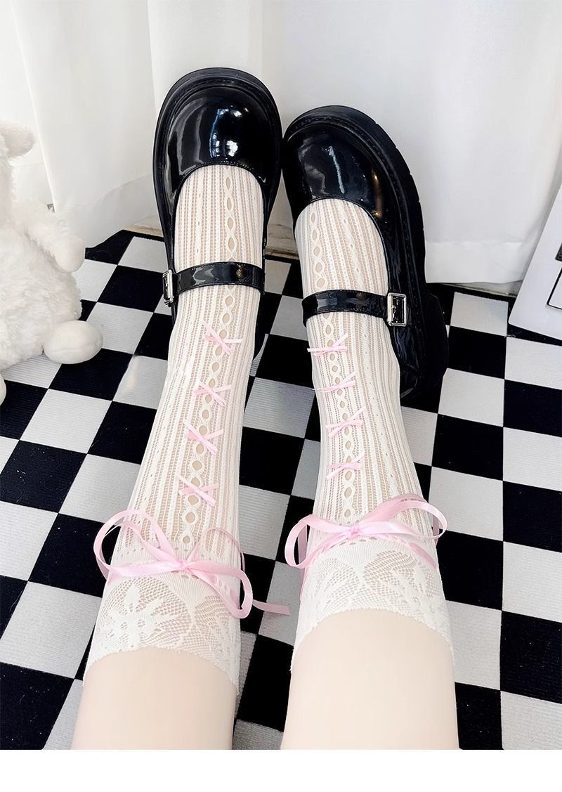 Lace-up lace stockings for women, summer thin socks for women, mid-calf lolita with cute bow lace, lace-up calf socks pic 6