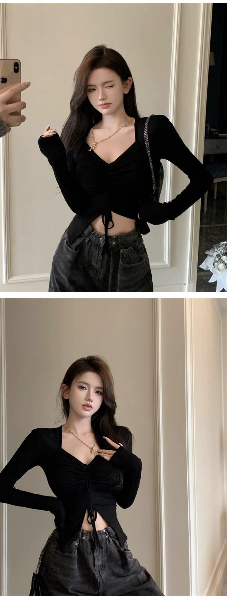 韩版新款辣妹v领长袖T恤女春秋性感抽绳纯欲打底衫上衣女一件代发详情8