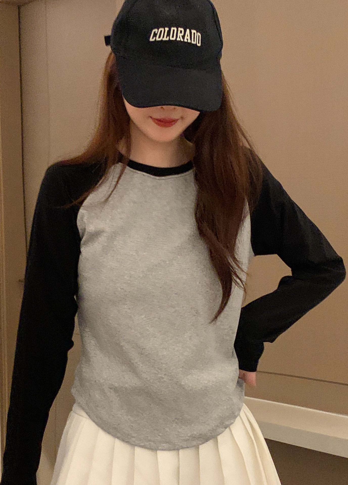 撞色拼接修身长袖t恤女春季韩版内搭打底衫插肩袖短款高腰上衣ins详情10