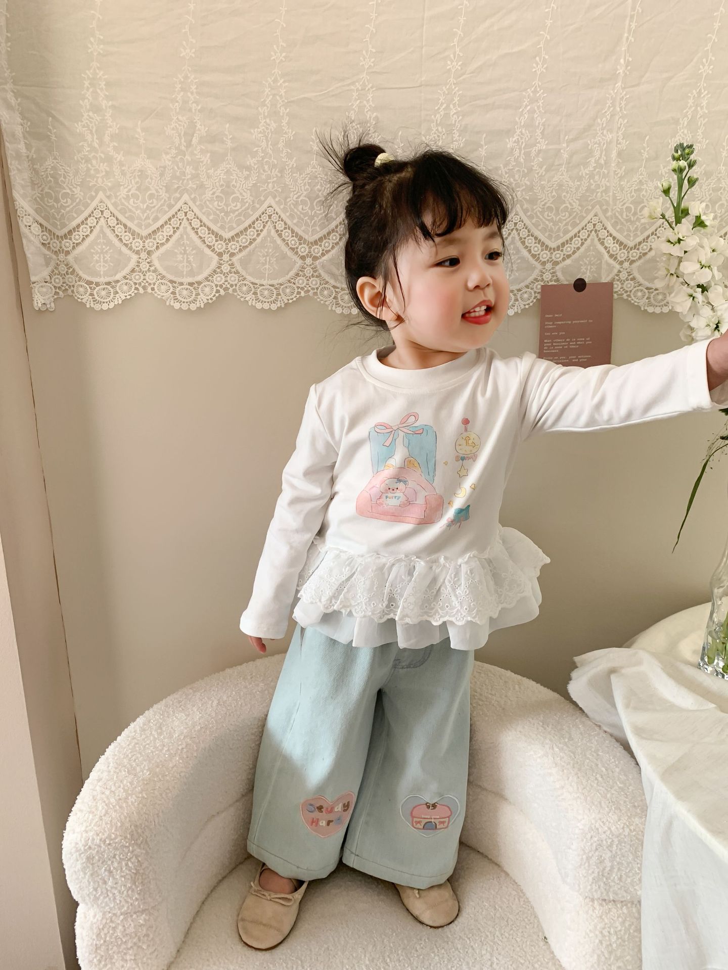 Caña pear niño niña traje primavera 2026 nuevo estilo niños korean manga larga camiseta jeans mujer bebé ropa pic 31