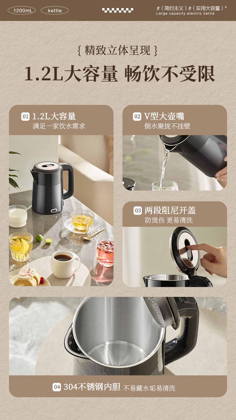Zhigao Mini Hot Water Kettle hotel food-grade 304 color steel double-color smart heat preservation 1.2L electric kettle pic 2