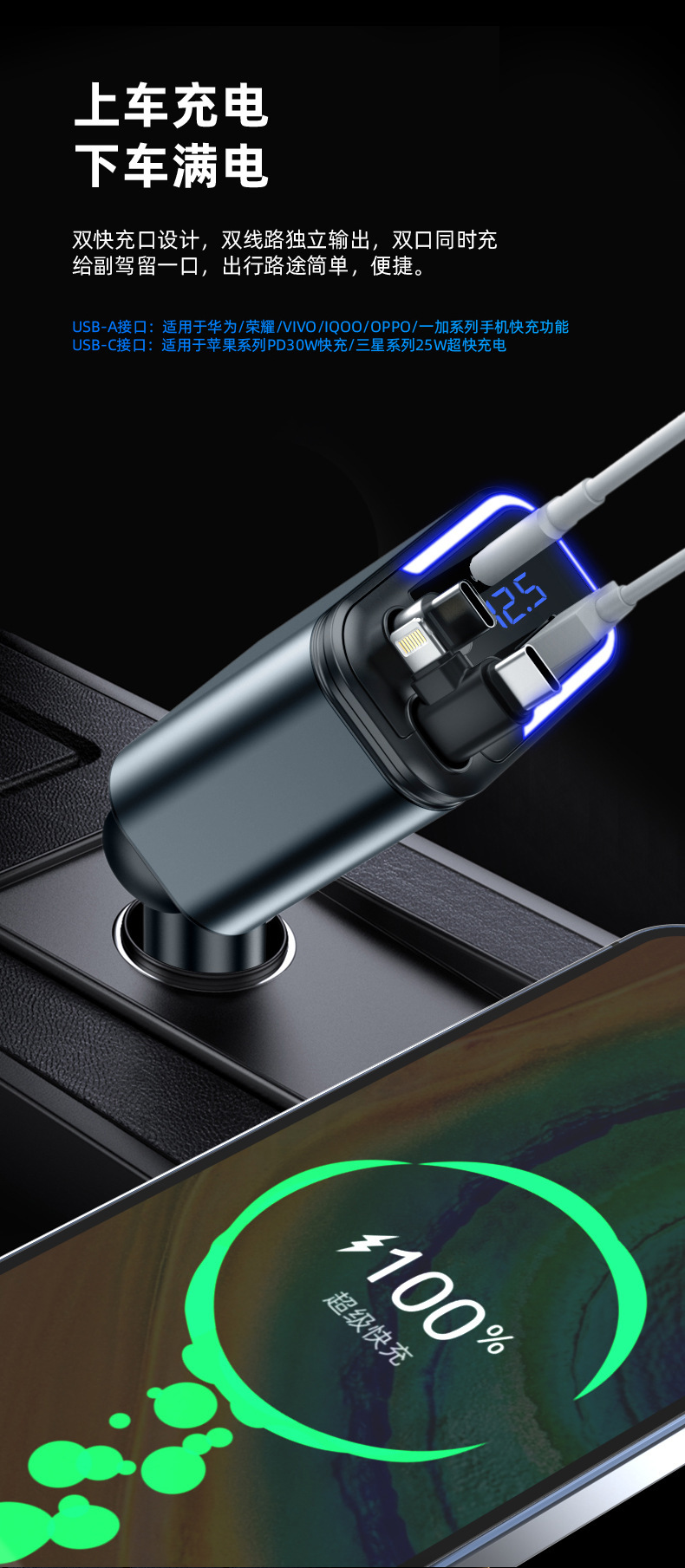 Cross-border 180W dual-retractable cable with ambient light, dual fast charging and flash charging with super fast charging car charger pic 7