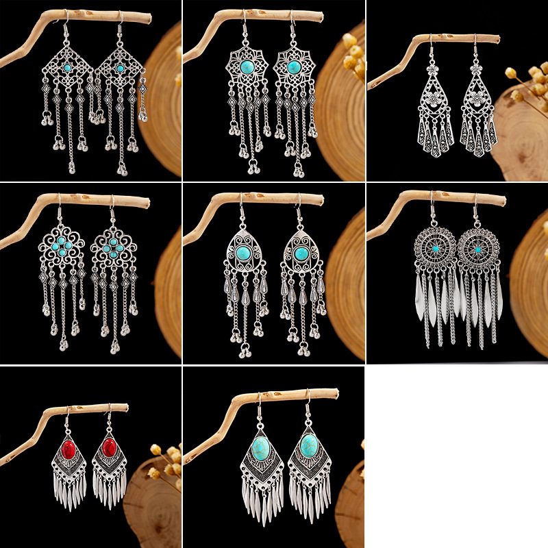 欧美波西米亚蓝松石民族风耳钉 仿苗银金属耳坠复古流苏耳饰批发详情4