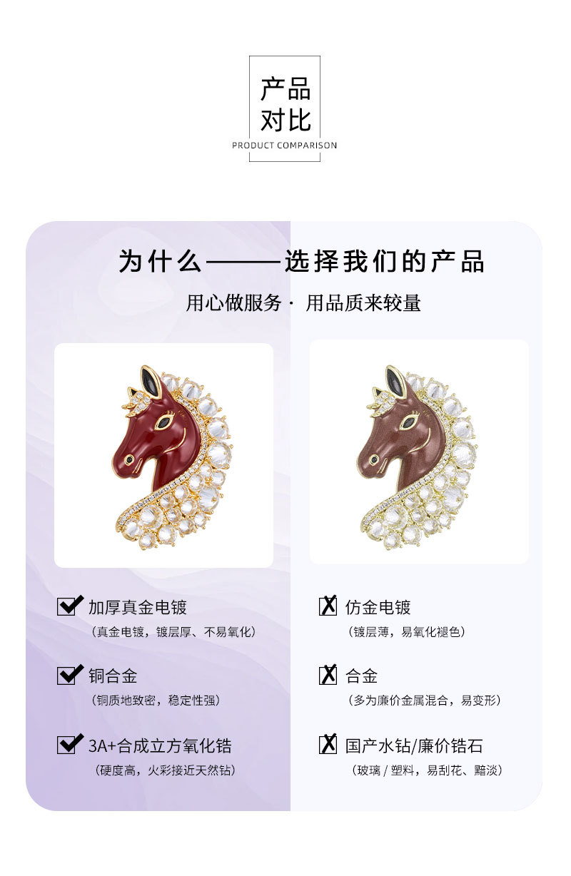 Original design: Good Luck Horse Head brooch, copper inlaid with zircon, real gold electroplated with oil, exquisite brooch, suitable for both men and women pic 16