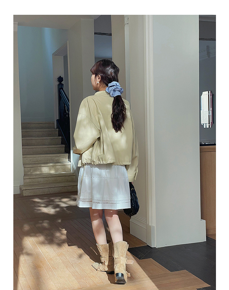 【歌铭】韩系通勤立领皮衣夹克女春季新款复古机车服短外套W733B详情38