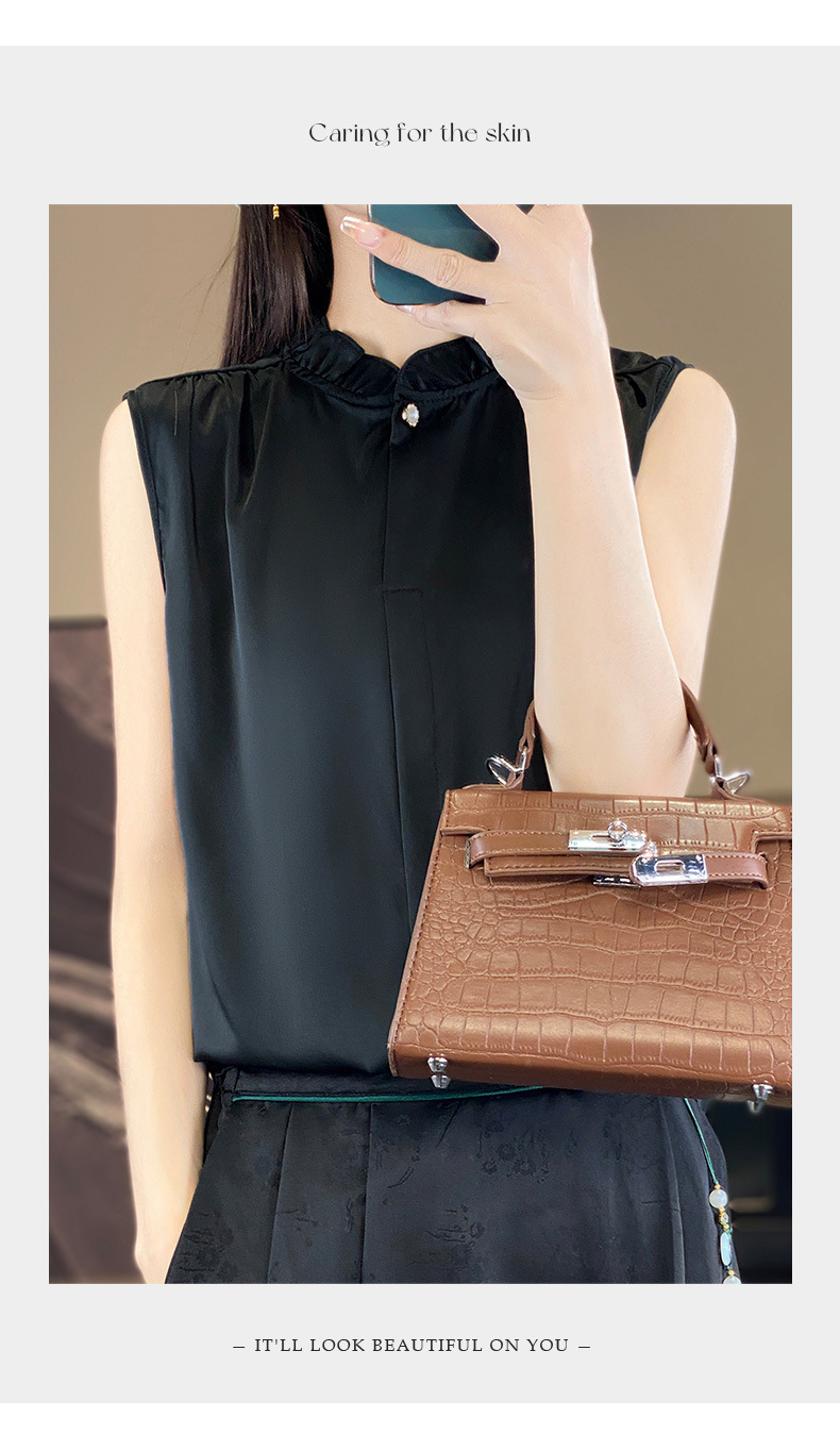 木耳边无袖缎面衬衫背心女立领薄气质衬衫女上衣背心内搭无袖T恤详情27