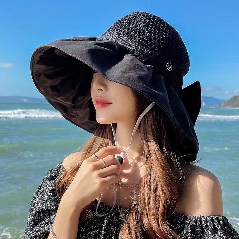 新款夏季百搭户外遮阳帽大帽檐渔夫帽便携防晒太阳帽蝴蝶结女士帽详情7