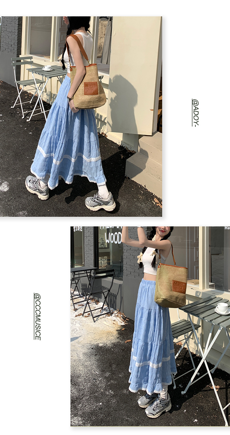 Fashionable lace-edge forest-themed A-line long dress for Spring/Summer 2024, high-waisted sweet blue checkered loose and versatile half skirt pic 6