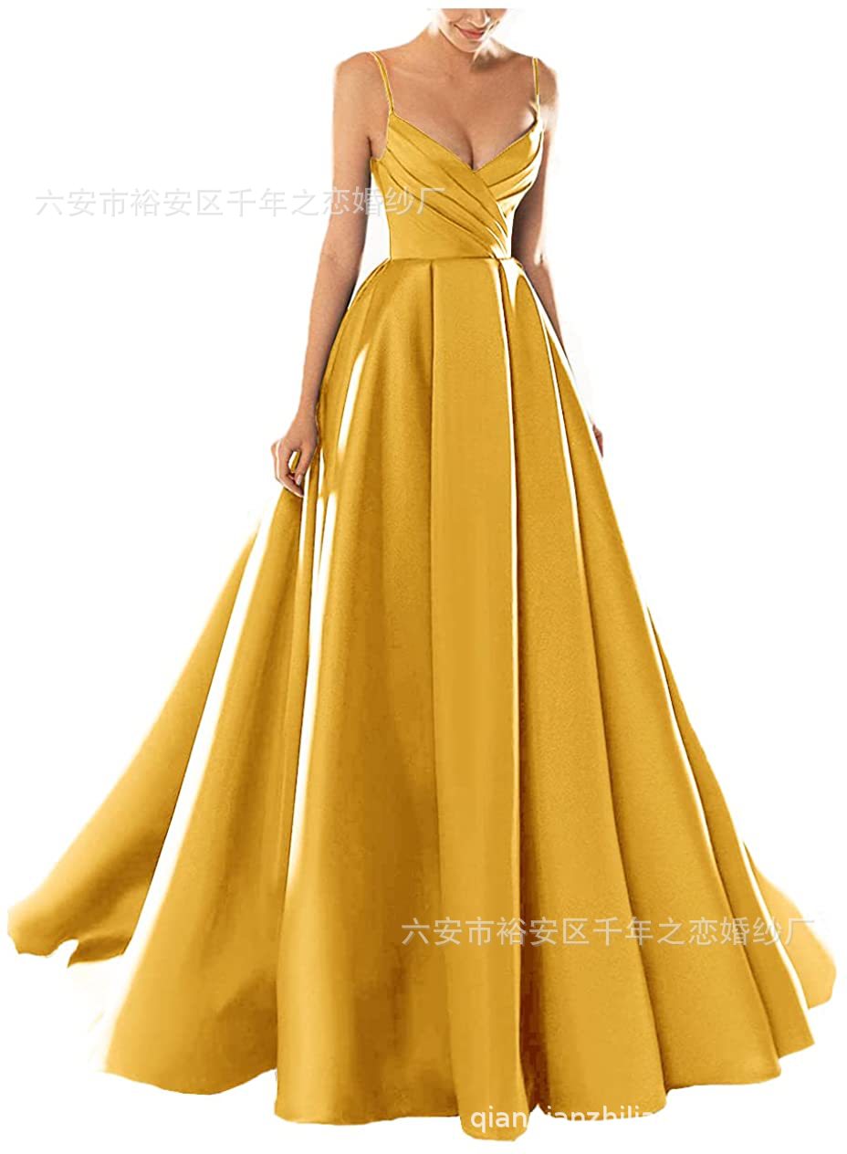 晚礼服欧美外贸2023新款春季中腰缎面粉色气质长款吊带宴会晚礼服详情16