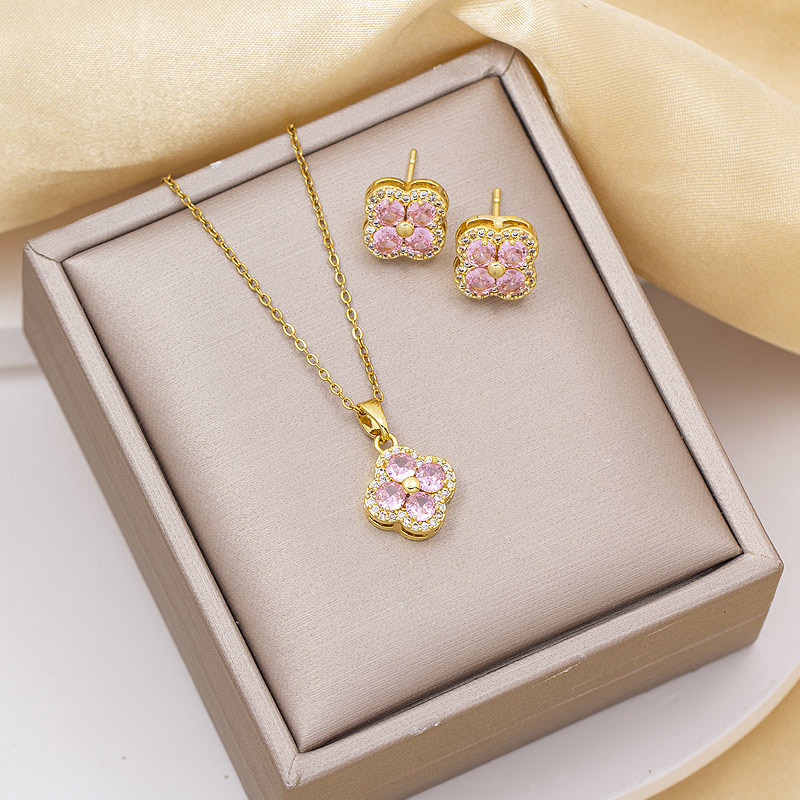 项链女花朵长款四叶草吊坠耳钉轻奢电镀高级感钛钢缅甸爆款锁骨链详情2