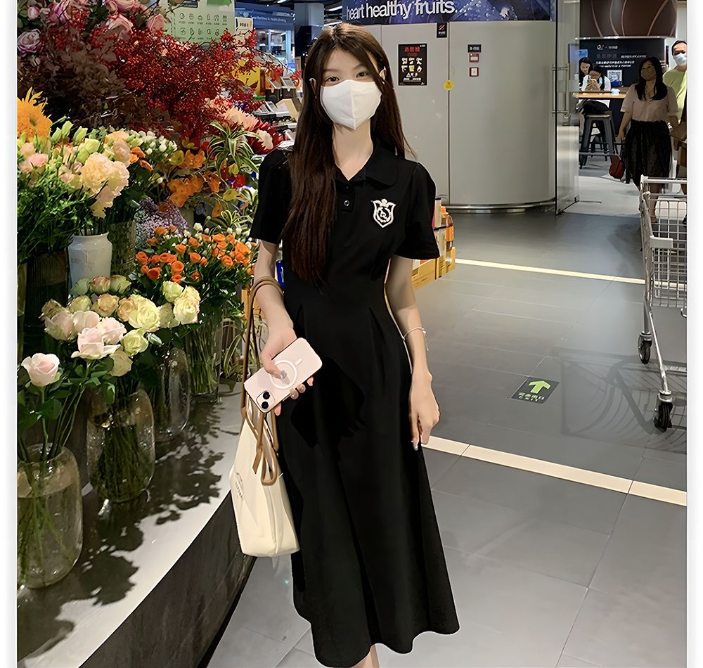夏季POLO领短袖连衣裙女收腰显瘦过膝长裙学院风中长款休闲A字裙详情18